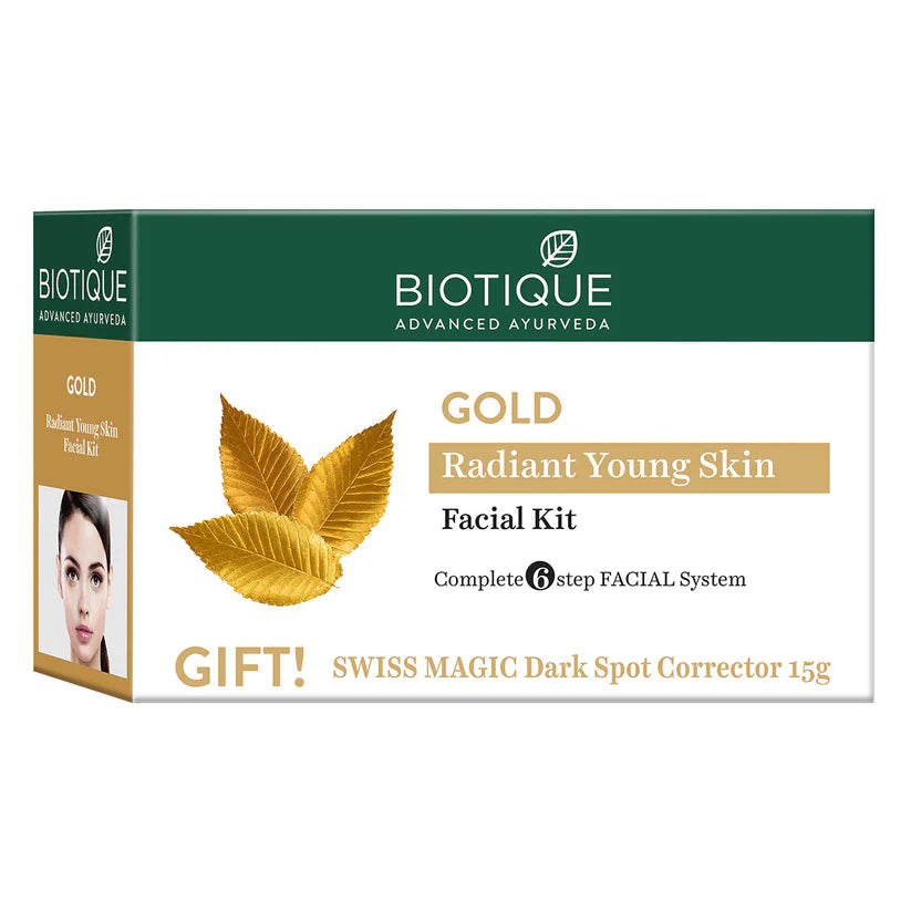 Biotique gold radiant young skin facial kit box with six-step system and gift