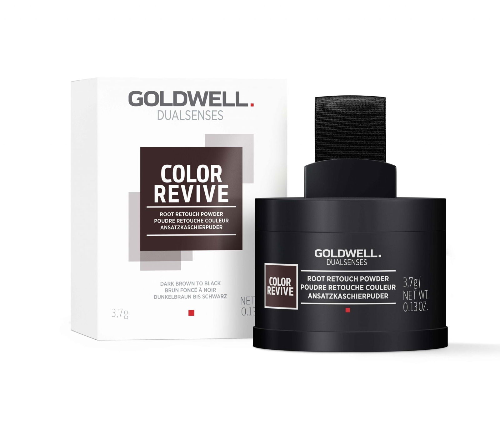 Hair color root retouch powder kit, dark brown to black, includes bottle and box