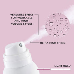 White hair spray bottle with pump and purple label, plus shine texture graphic