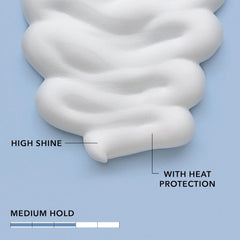 Volumizing mousse foam swirl with heat protection and medium hold indicators.