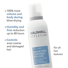 Hair mousse bottle with Goldwell StyleSign and Volume Bodifying Control label