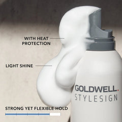 Hair mousse bottle labeled Goldwell StyleSign, with heat protection and light shine