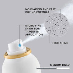 Hair spray bottle nozzle releasing mist with micro-fine spray and high shine