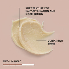 Texture wax paste swirls with ultra-high shine and medium hold highlights