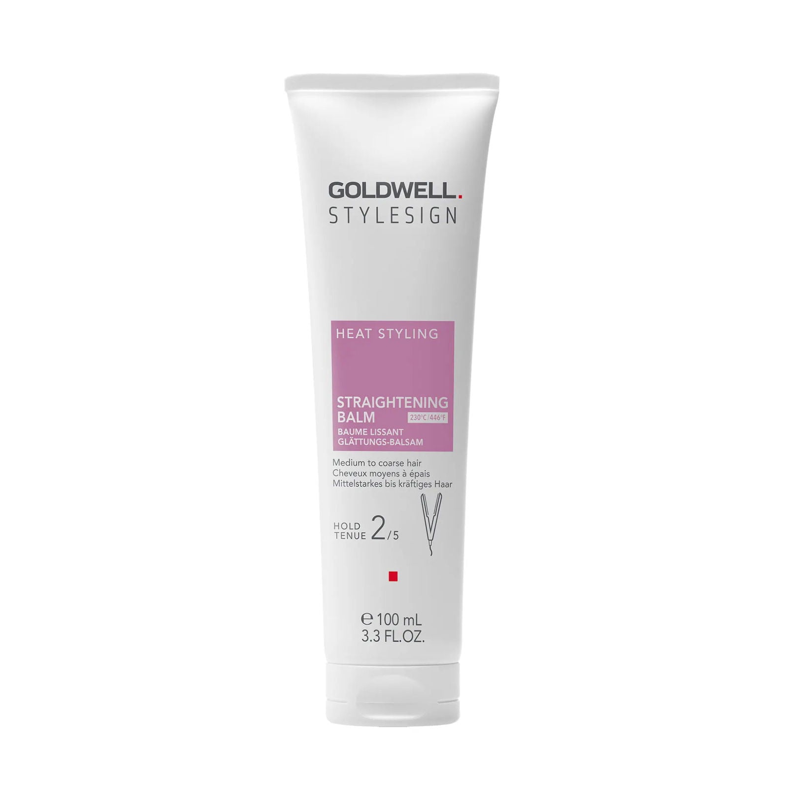 Goldwell StyleSign straightening balm tube, white with pink heat styling label.