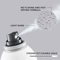 Strong hairspray nozzle spraying mist, with droplet and light shine icons