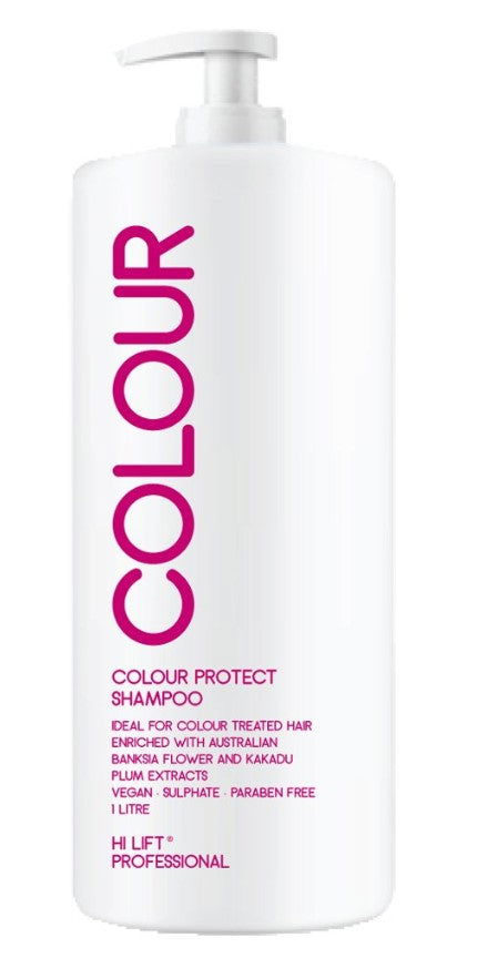 Colour-protect shampoo bottle with white pump, 1 L, pink label