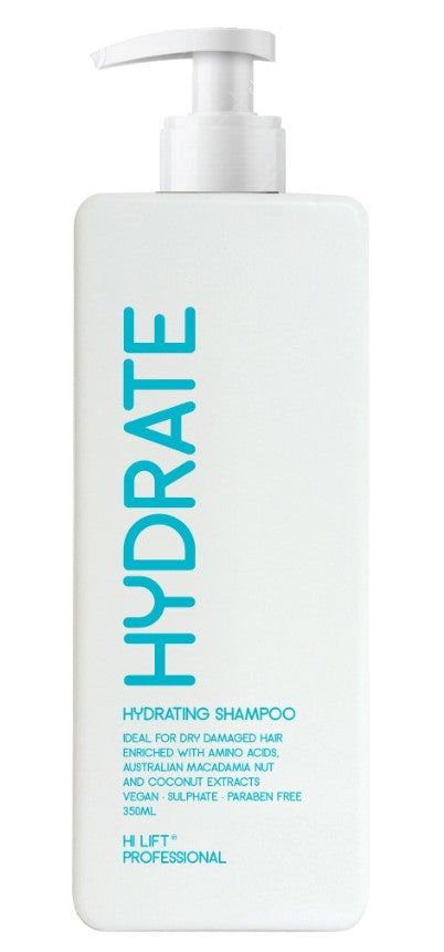 Hydrate shampoo bottle with white pump dispenser, light blue label