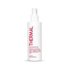 Thermal heat protectant spray bottle with white pump, red label text