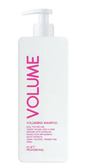 Volumising shampoo bottle, white with pink logo and pump dispenser