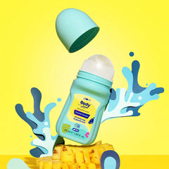Deodorant roll-on bottle with teal cap and light blue body, yellow label