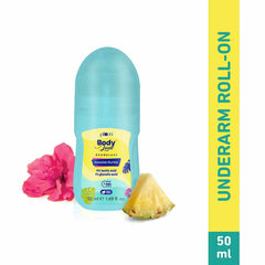Deodorant roll-on bottle, teal cap and light blue tube, yellow label, 50 ml