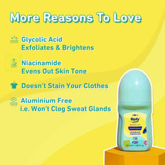 Deodorant roll-on bottle with teal cap and light blue body, yellow label