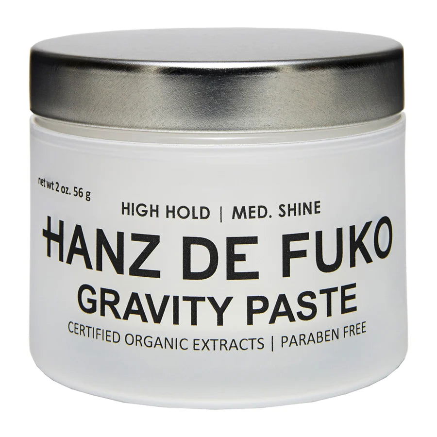 Hair paste jar with black lid; Hanz de Fuko Gravity Paste label.