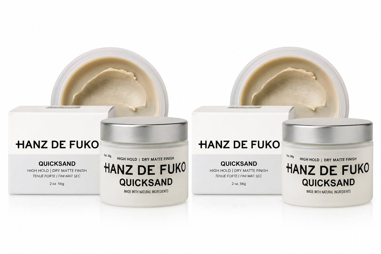 Hanz De Fuko Quicksand styling paste in white tub with silver lid, 56g duo