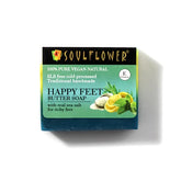 SoulFlower Happy Feet butter soap in blue-green box packaging with sea salt