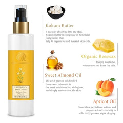 Body milk bottle with gold pump and amber label, shown with label ingredient graphics