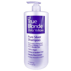 Silver shampoo bottle with pump, purple 'True Blonde Zero Yellow' label