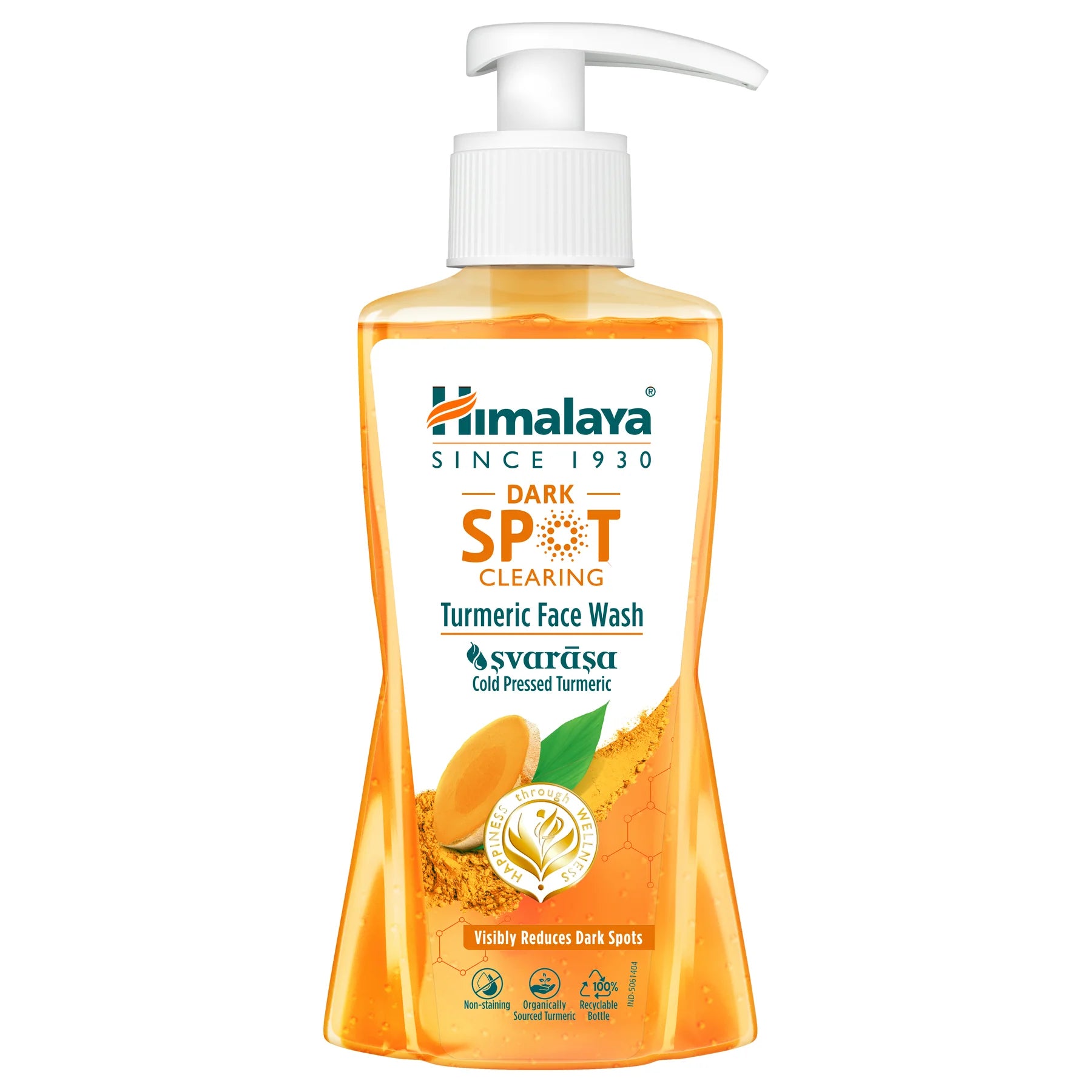 Himalaya turmeric face wash bottle with pump, dark spot clearing, amber liquid