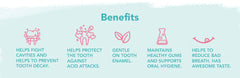 Toothpaste benefits banner with icons: cavity protection, enamel care, gum support