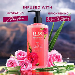 Pink rose & aloe vera body wash bottle with black pump, with rose and aloe leaves