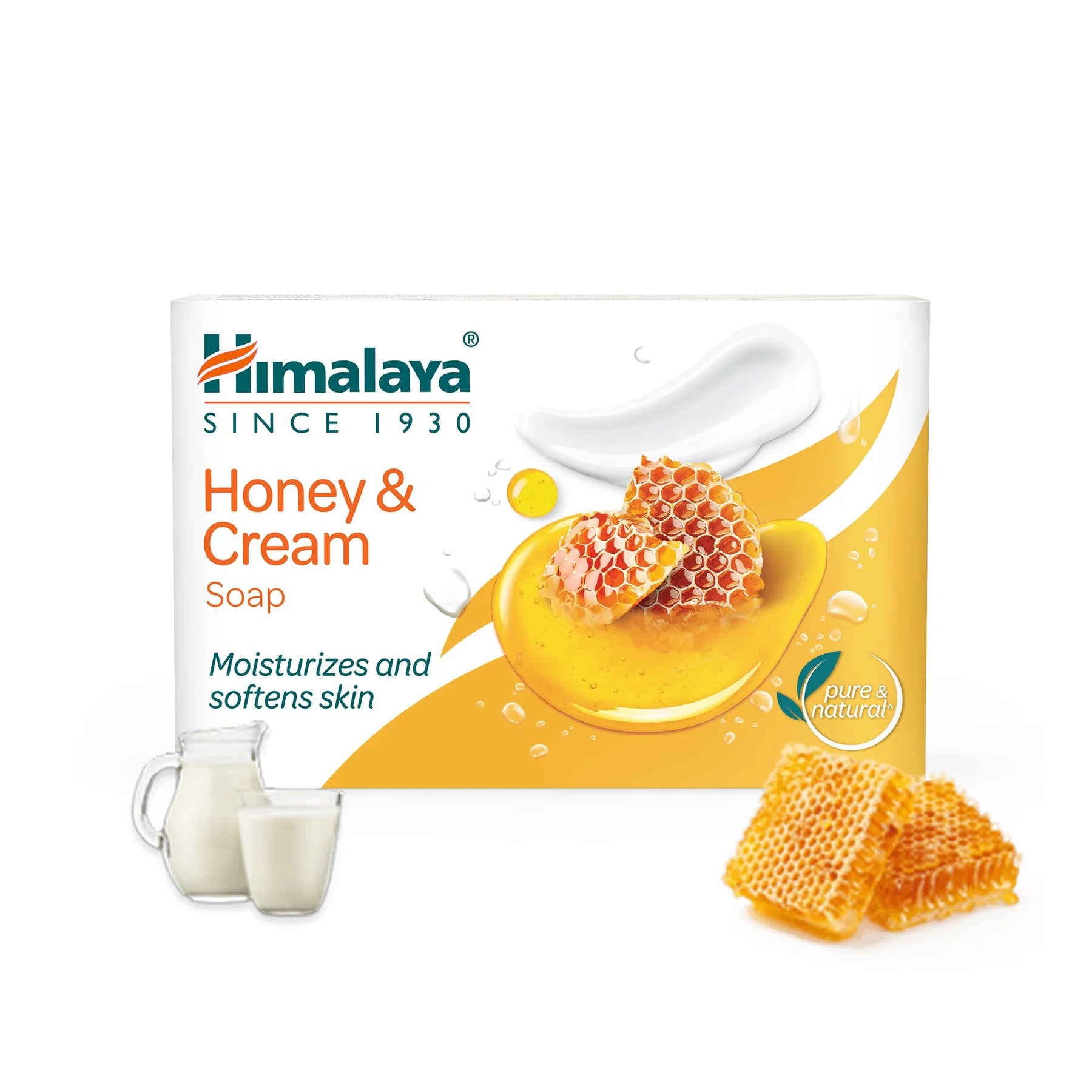Himalaya Honey & Cream soap box with honeycomb and creamy white liquid illustration
