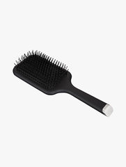 Paddle hair brush with black cushioned base and short bristle pad, black handle