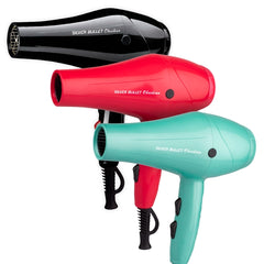 Hair dryer set: red, aqua, and dark dryers with concentrator nozzles