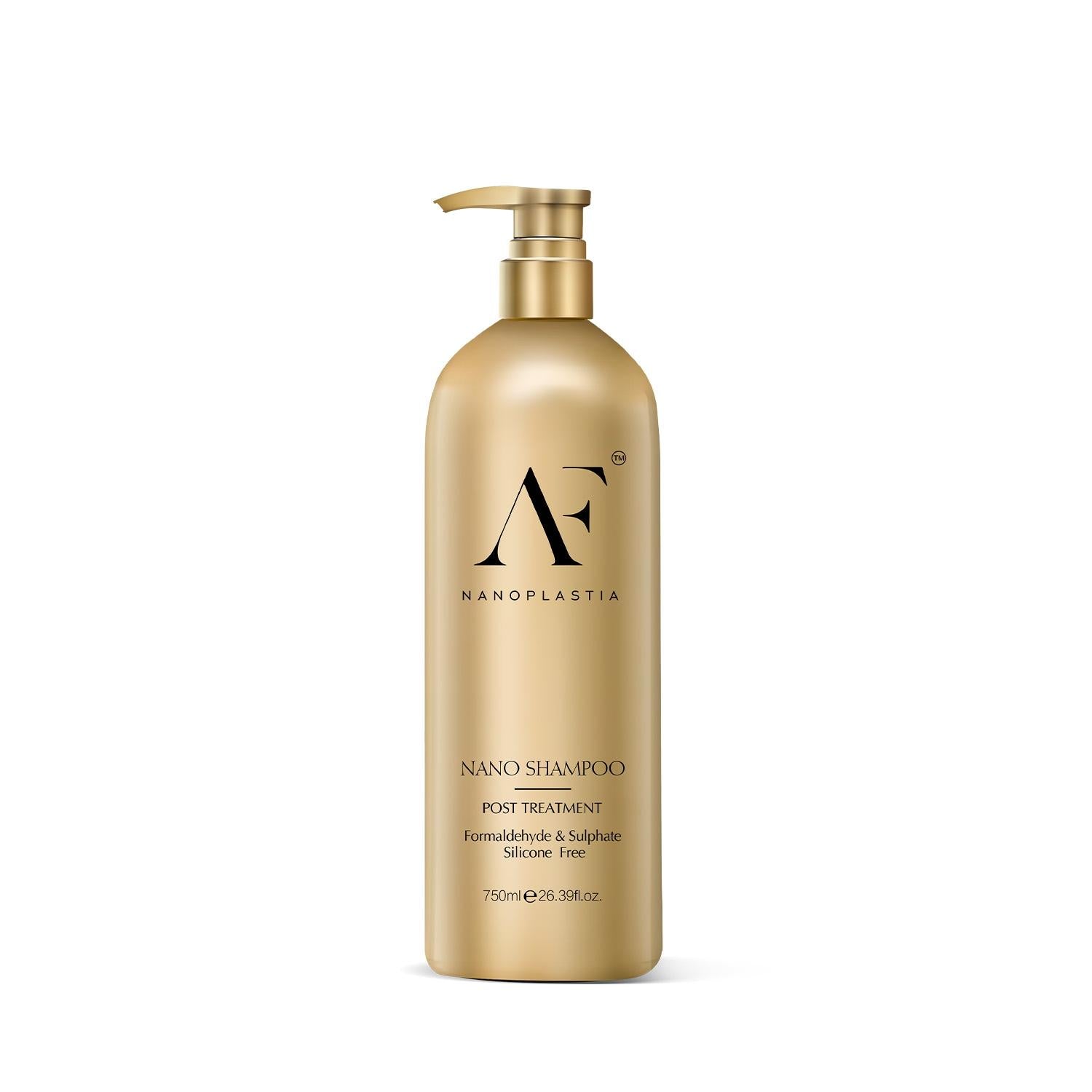 Nanoplastia Gold post-treatment shampoo bottle with gold pump.