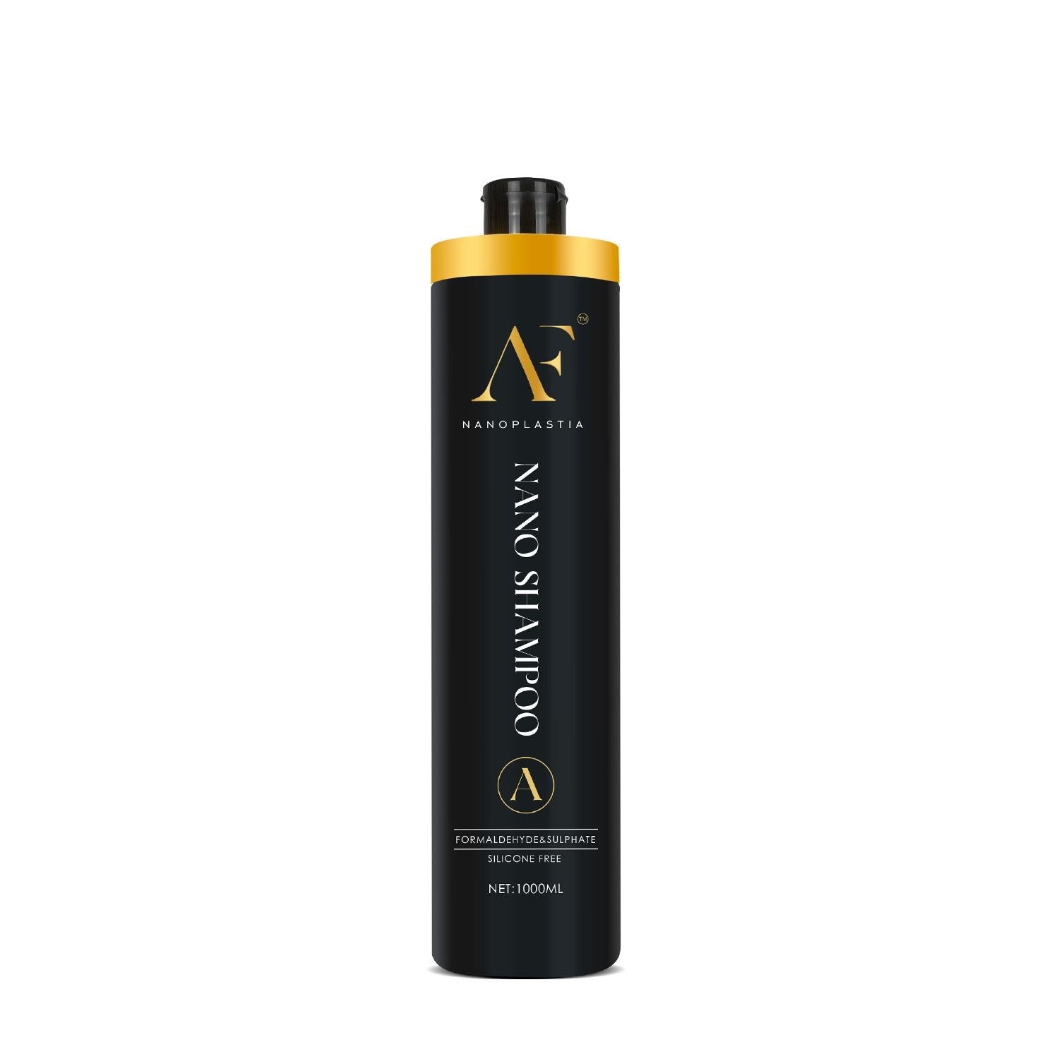 Black shampoo bottle with yellow label band and gold AF Nanoplastia branding