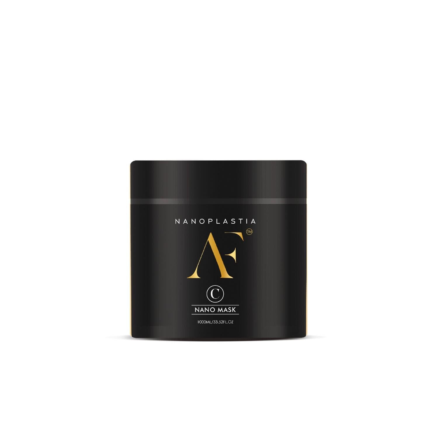 Black nano mask container with gold logo and text branding.