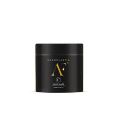 Black nano mask container with gold logo and text branding.