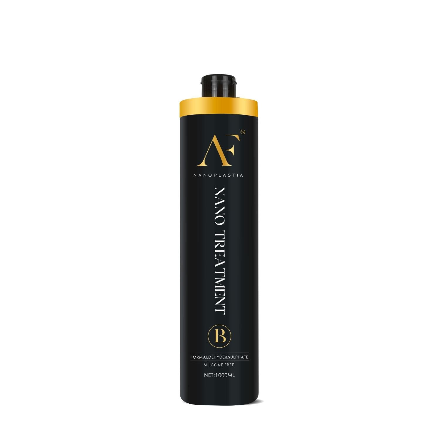 Nanoplastia AF nano hair treatment bottle, black with yellow cap, B label