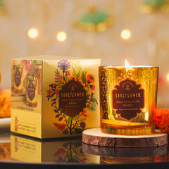SoulFlower glass votive candle Rang in amber glitter holder, with retail box
