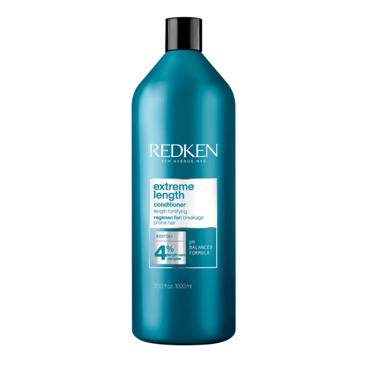 Redken Extreme Length Conditioner bottle, blue-green liquid, black cap, 1L