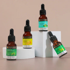 Essential oil set of four 15 ml bottles: lemon, eucalyptus, tea tree, peppermint.