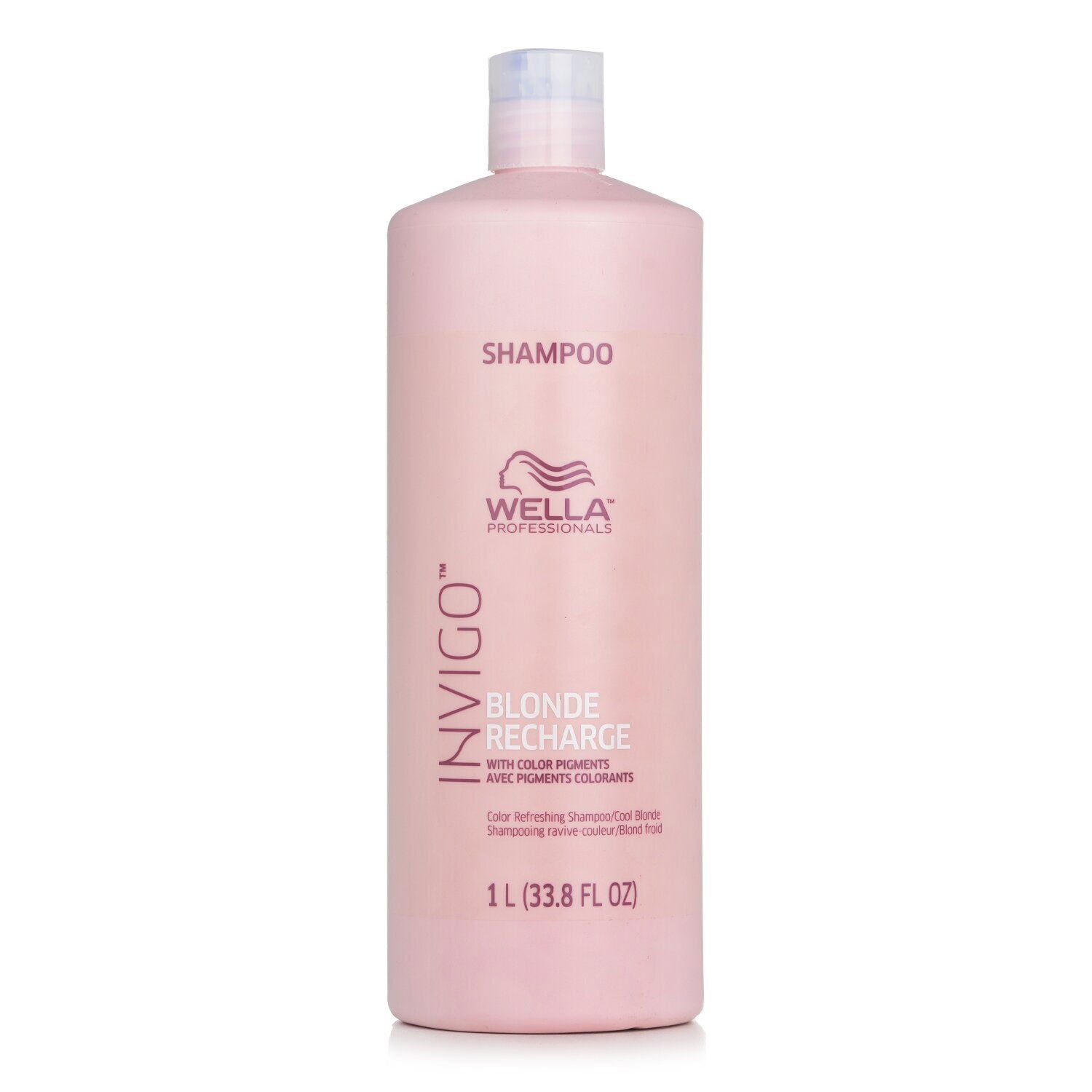 Pink Wella shampoo bottle, Invigo Blonde Recharge Cool, 1L