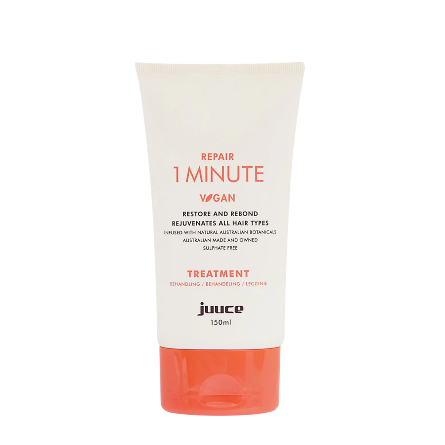 JUUCE 1 Minute hair treatment tube, cream white with orange bottom, 150ml