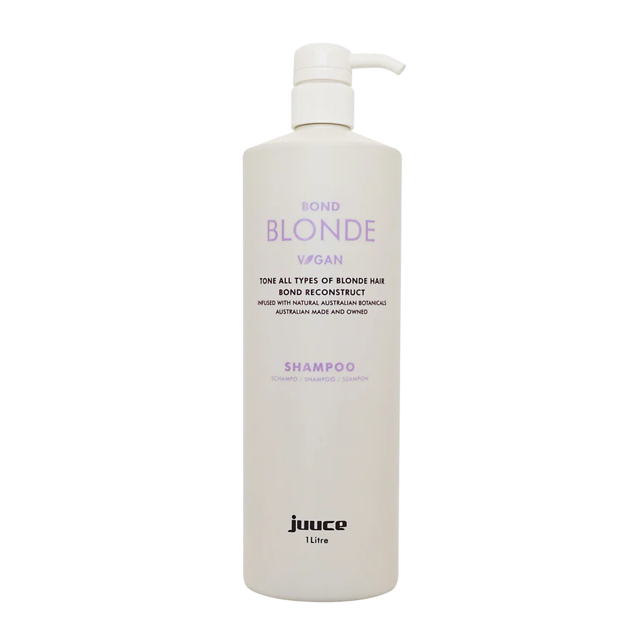 JUUCE Bond Blonde shampoo bottle with pump, 1 litre, white plastic.