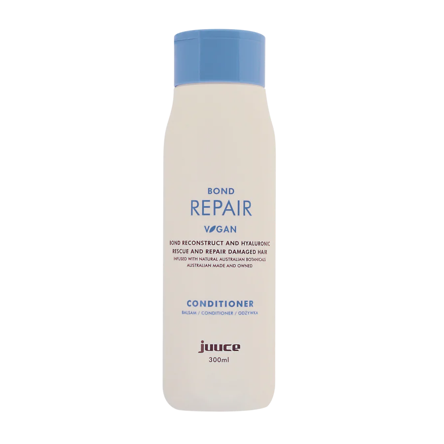 JUUCE Bond Repair Conditioner bottle, 300 ml, blue and white label with vegan bond repair text.