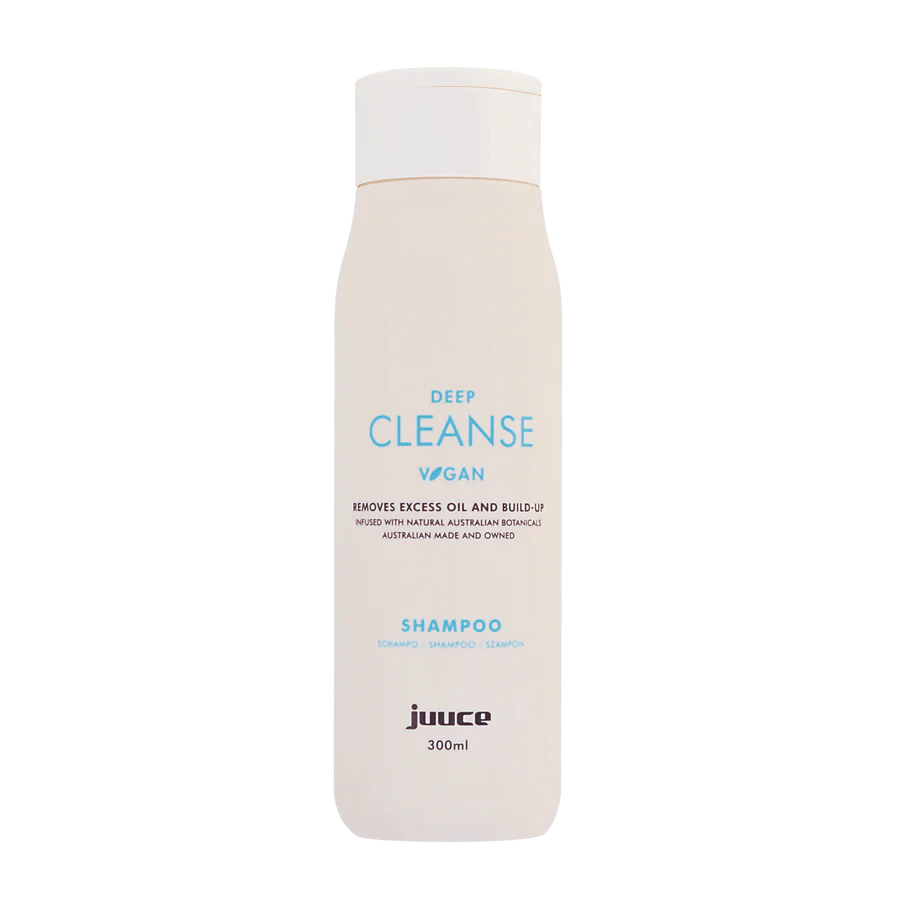 Deep cleanse vegan shampoo bottle, white bottle labeled JUUCE 300 ml