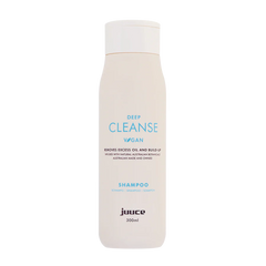 Deep cleanse vegan shampoo bottle, white bottle labeled JUUCE 300 ml