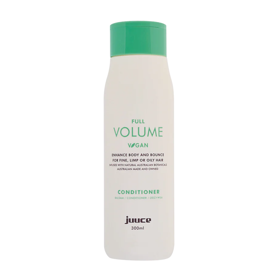 Conditioner bottle, white with green cap, labeled Full Volume vegan, 300ml