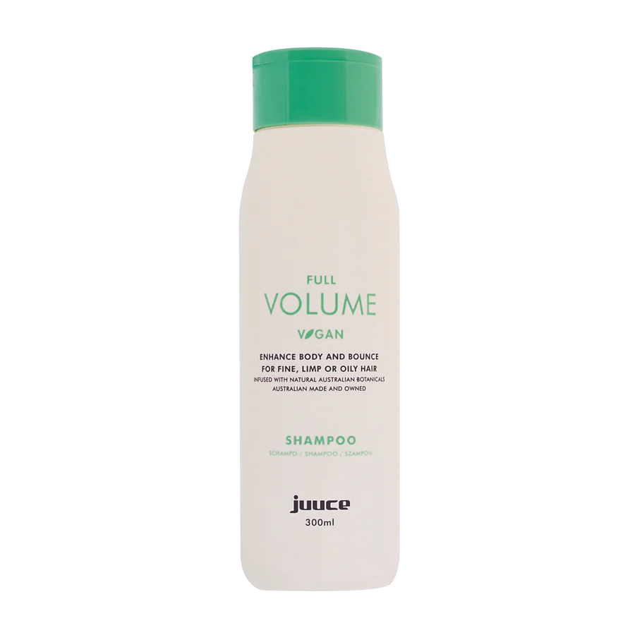 JUUCE full volume vegan shampoo bottle, 300ml, white with green cap