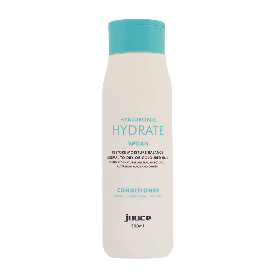 Conditioner bottle: JUUCE Hyaluronic Hydrate, 300 ml, pale beige with teal cap