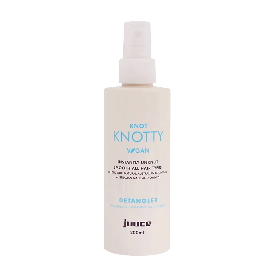 JUUCE Knot Knotty hair detangling bottle, 200 ml; white with blue label text