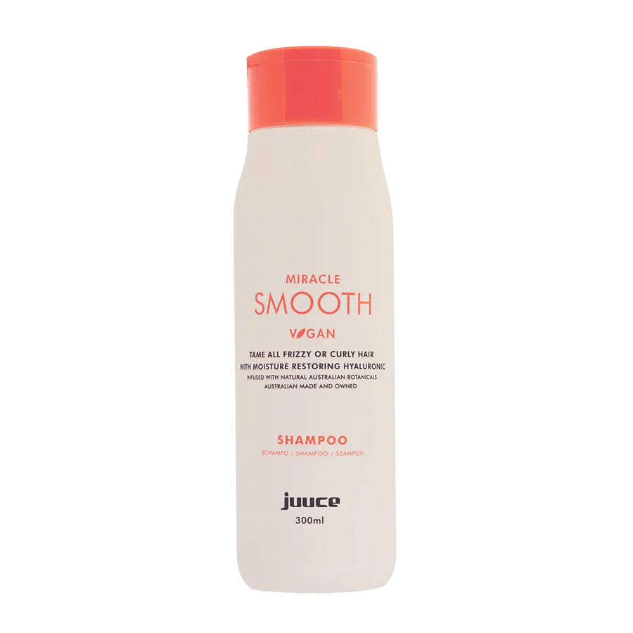 JUUCE Miracle Smooth Shampoo 300ml bottle with orange cap and off-white label
