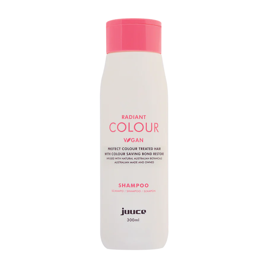 JUUCE Radiant Colour Shampoo bottle, white with pink cap, 300 ml
