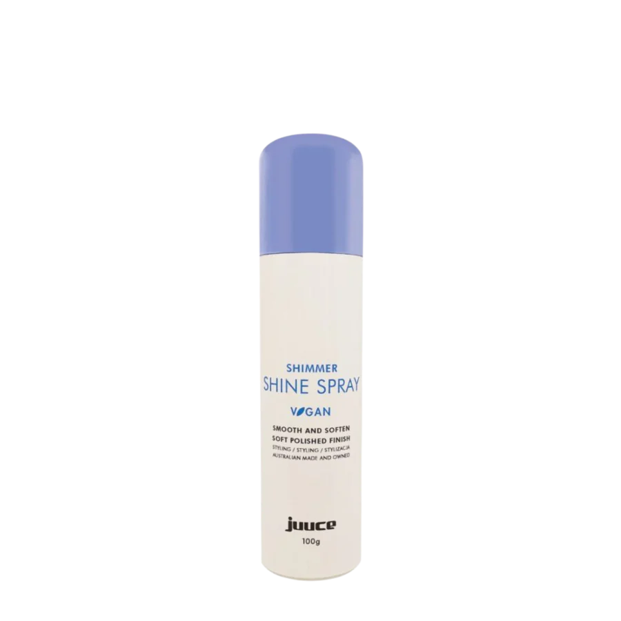 Shimmer shine spray bottle with purple cap, white label