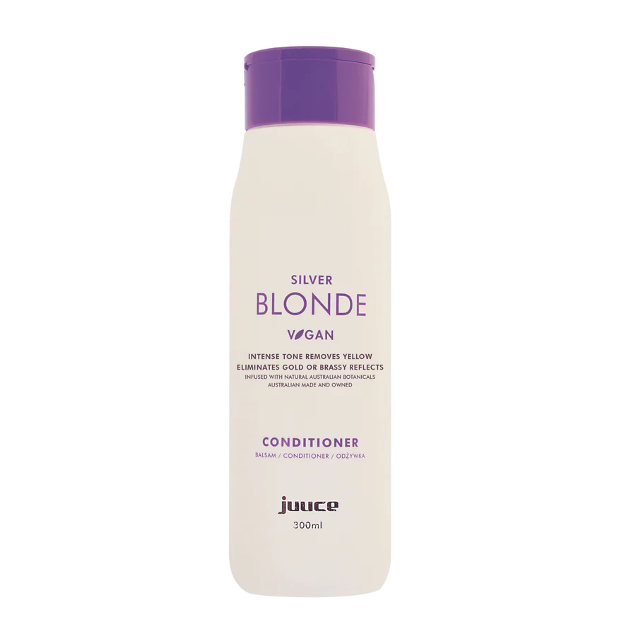 Silver blonde conditioner bottle with purple cap, 300 ml, labeled vegan